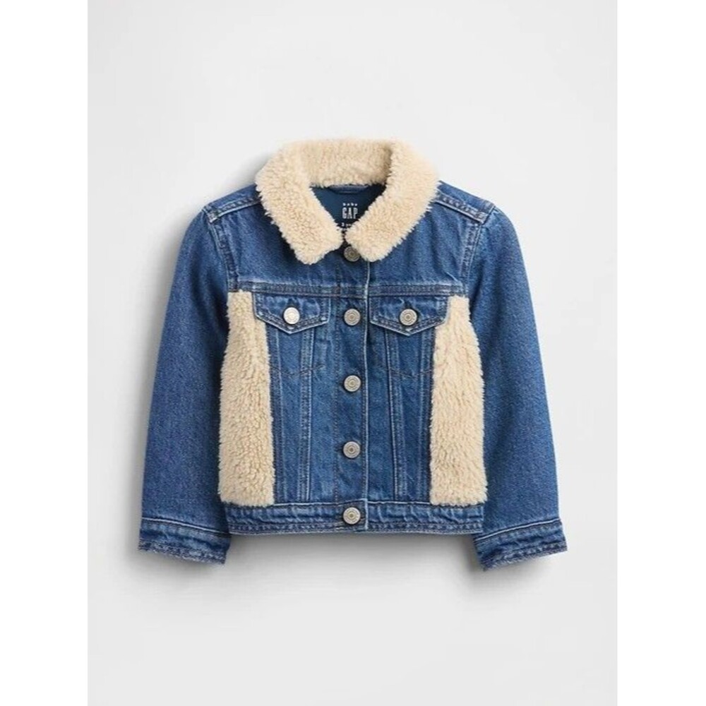 Baby Gap Sherpa Icon Blue Denim Jacket Heart 12-18 Mo Snap Front Fleece Trim - Picture 2 of 4